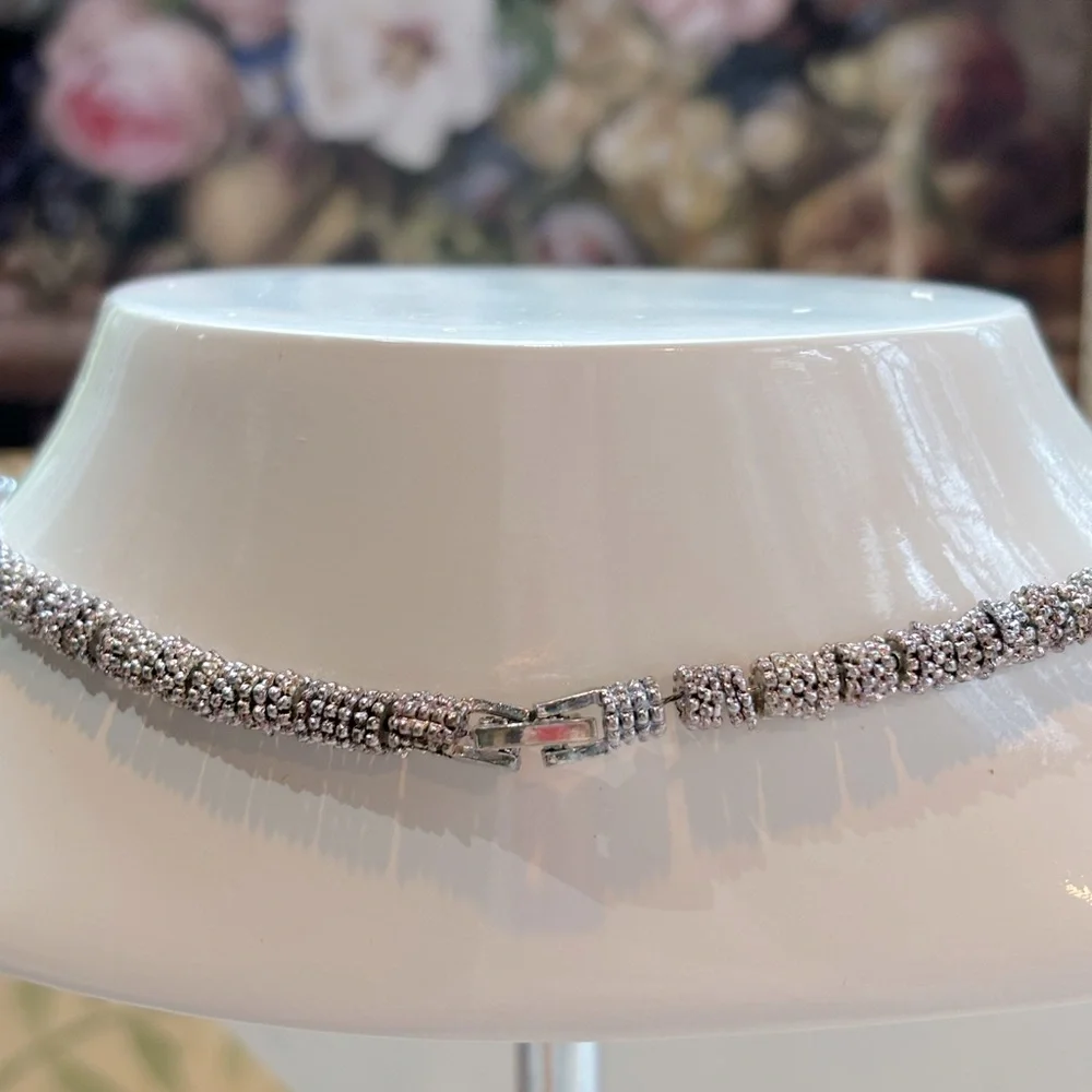 Choker Mesh Bead Silver‎ Tone Crystal Pendant Necklace